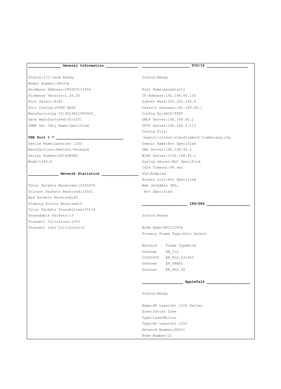 Hp jetdirect 175x configuration page, Finding the solution 165 | HP Laserjet 1200 User Manual | Page 167 / 278