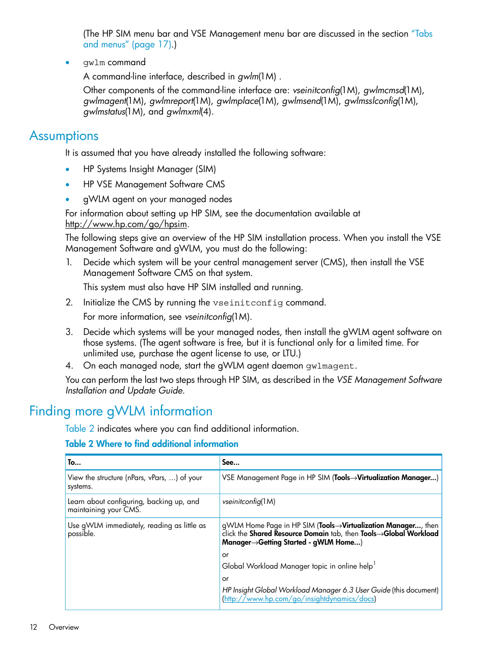 Assumptions, Finding more gwlm information, Assumptions finding more gwlm information | HP Matrix Operating Environment Software User Manual | Page 12 / 66