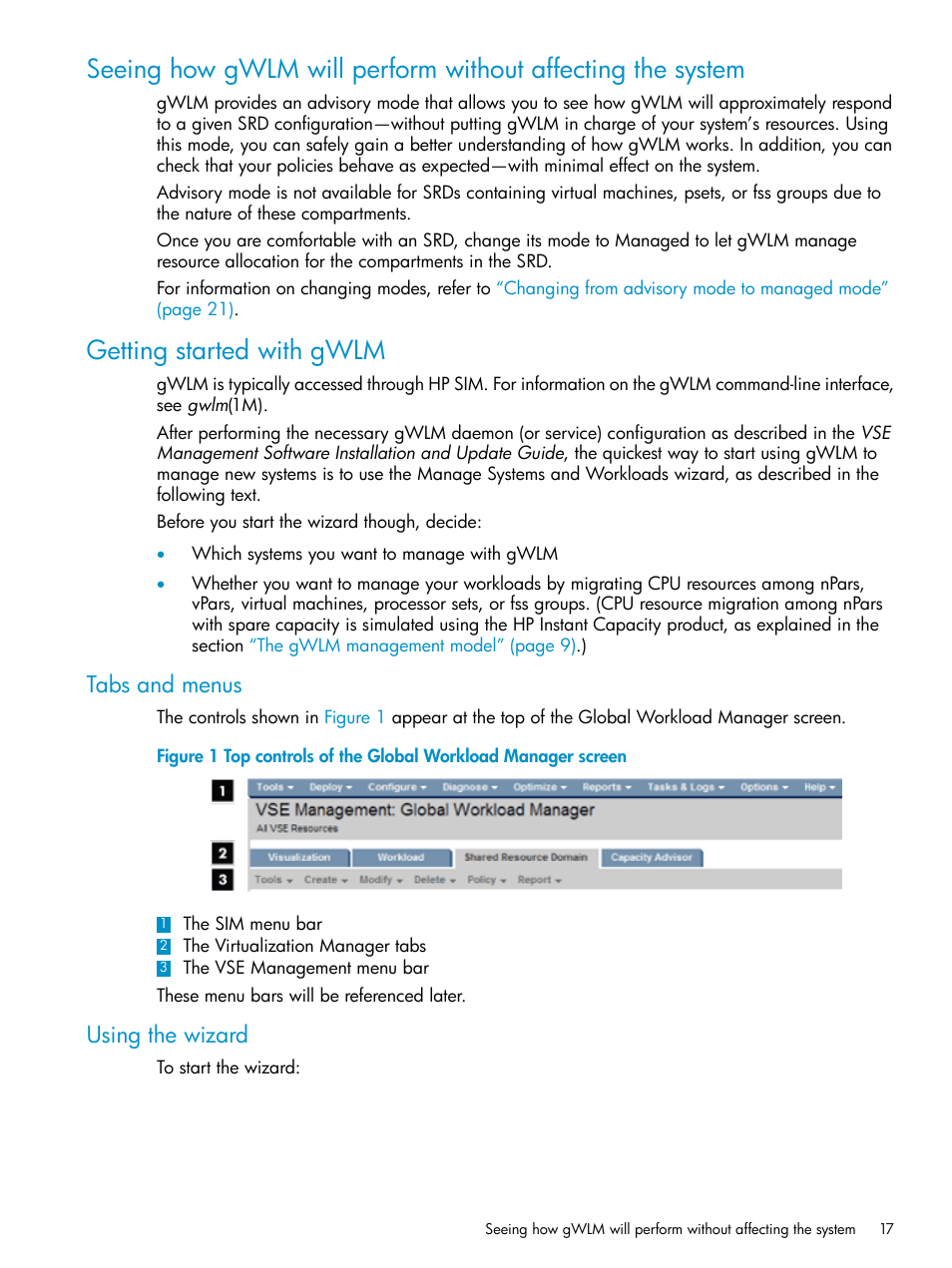 Getting started with gwlm, Tabs and menus, Using the wizard | Tabs and menus using the wizard | HP Matrix Operating Environment Software User Manual | Page 17 / 66