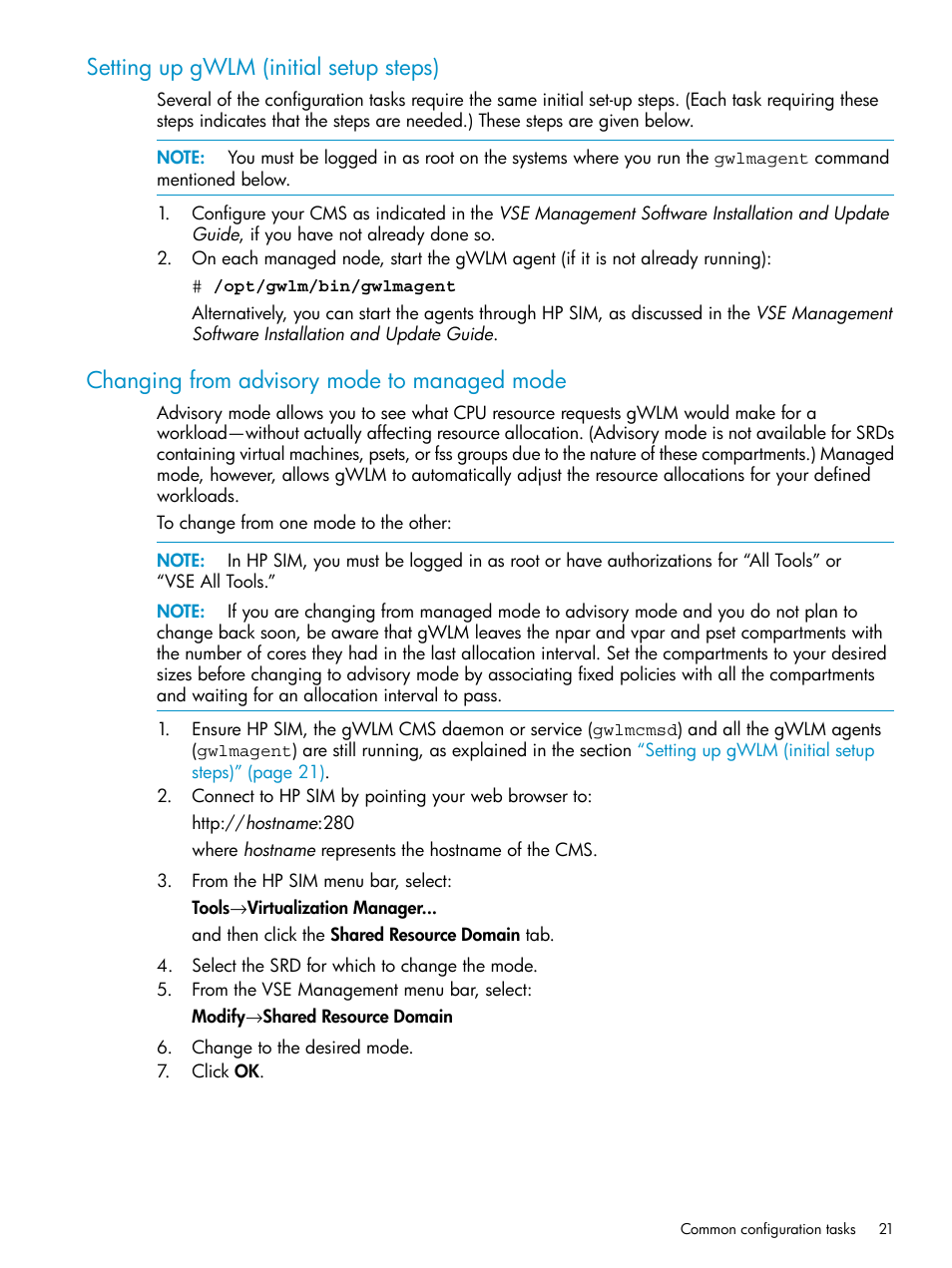 Setting up gwlm (initial setup steps), Changing from advisory mode to managed mode | HP Matrix Operating Environment Software User Manual | Page 21 / 66