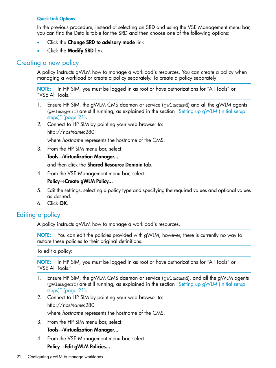 Creating a new policy, Editing a policy, Creating a new policy editing a policy | HP Matrix Operating Environment Software User Manual | Page 22 / 66