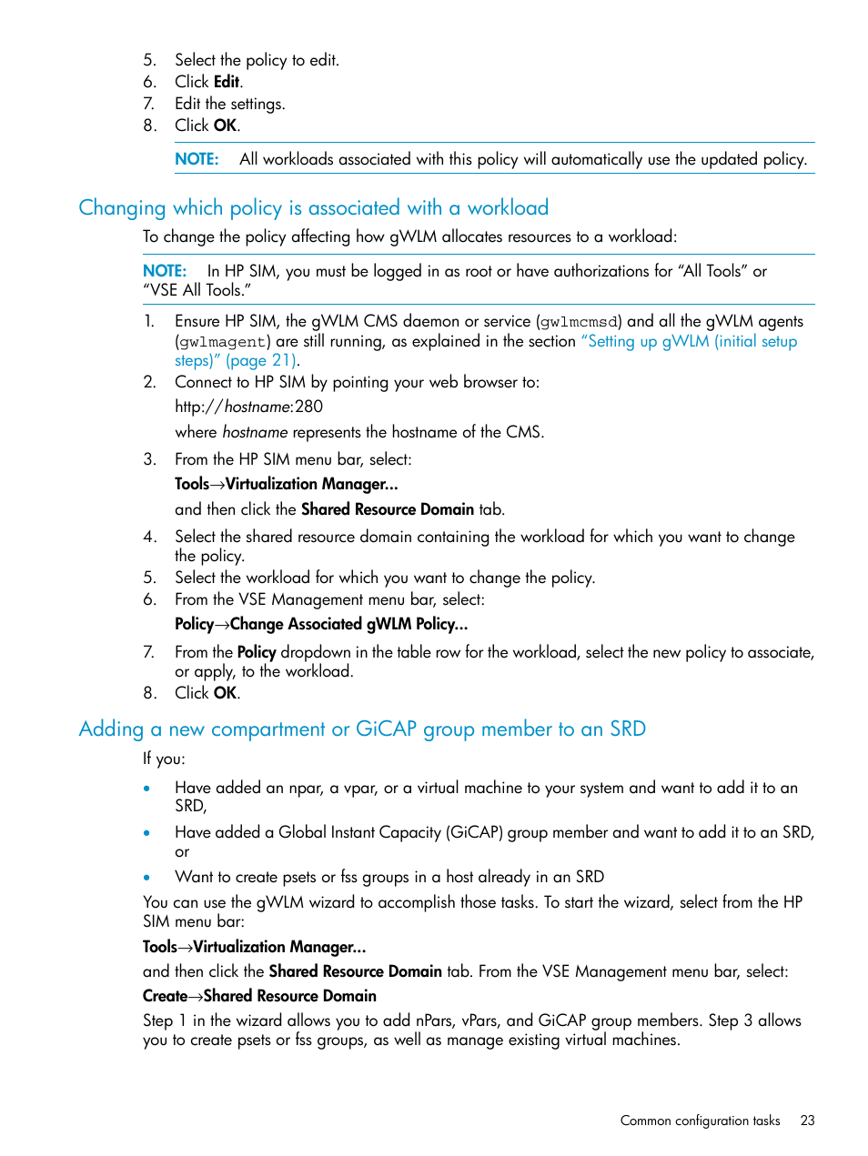 Adding a new compartment or gicap, Changing | HP Matrix Operating Environment Software User Manual | Page 23 / 66