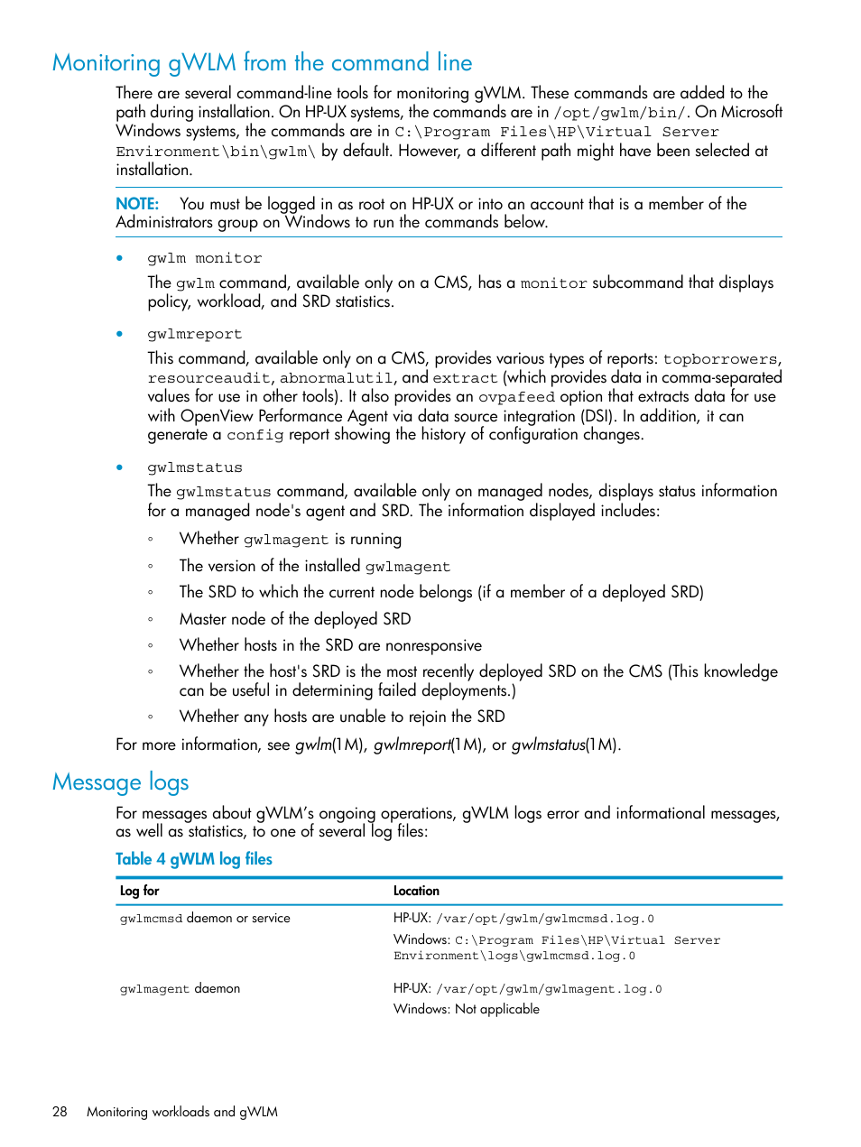 Monitoring gwlm from the command line, Message logs, Monitoring gwlm from the command line message logs | HP Matrix Operating Environment Software User Manual | Page 28 / 66