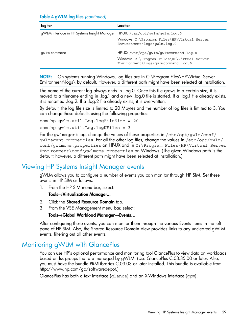 Viewing hp systems insight manager events, Monitoring gwlm with glanceplus | HP Matrix Operating Environment Software User Manual | Page 29 / 66
