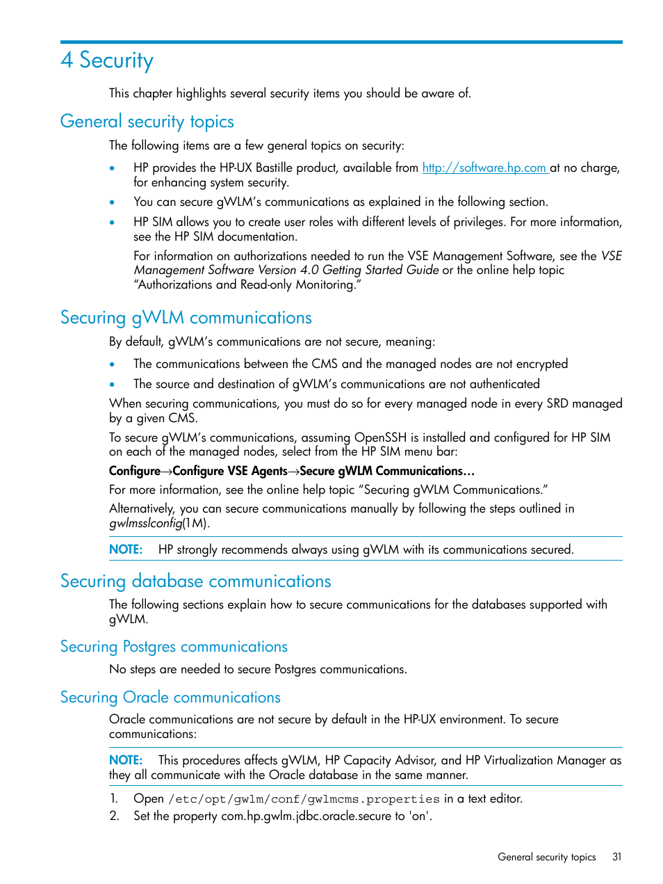 4 security, General security topics, Securing gwlm communications | Securing database communications, Securing postgres communications, Securing oracle communications | HP Matrix Operating Environment Software User Manual | Page 31 / 66