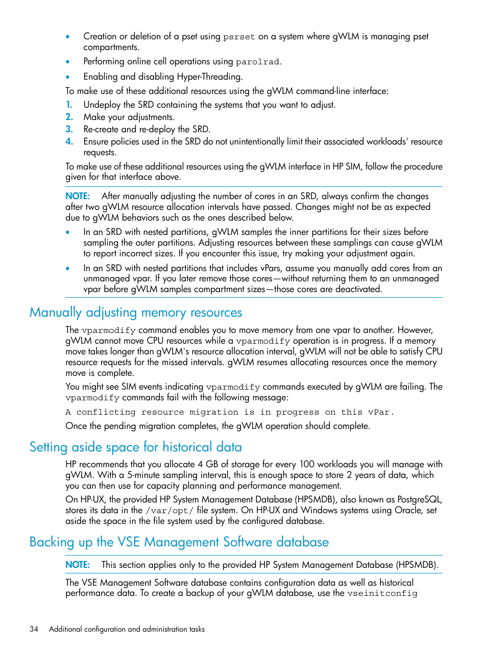 Manually adjusting memory resources, Setting aside space for historical data, Backing up the vse management software database | HP Matrix Operating Environment Software User Manual | Page 34 / 66
