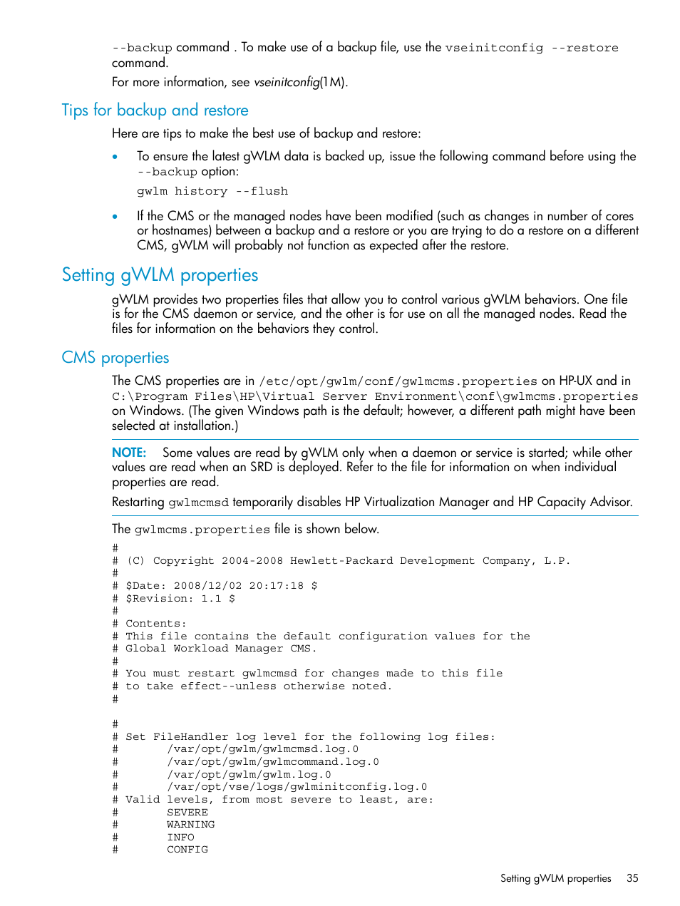 Tips for backup and restore, Setting gwlm properties, Cms properties | HP Matrix Operating Environment Software User Manual | Page 35 / 66