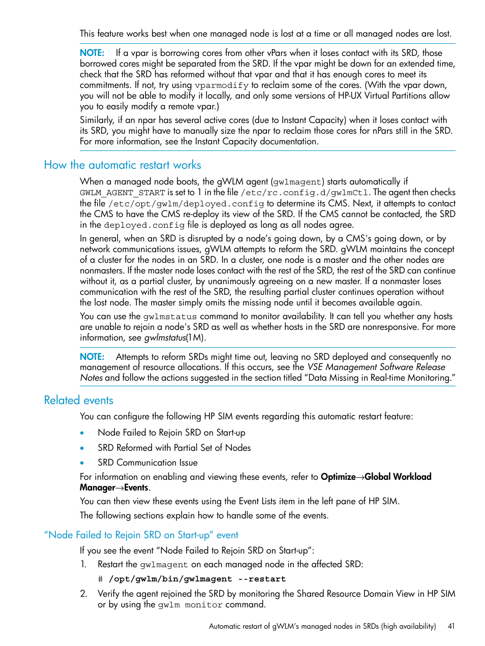How the automatic restart works, Related events, Node failed to rejoin srd on start-up” event | How the automatic restart works related events | HP Matrix Operating Environment Software User Manual | Page 41 / 66