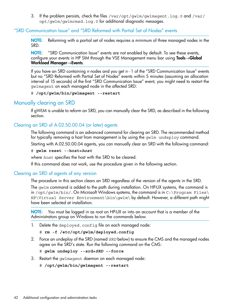 Manually clearing an srd, Clearing an srd of a.02.50.00.04 (or later) agents, Clearing an srd of agents of any version | HP Matrix Operating Environment Software User Manual | Page 42 / 66