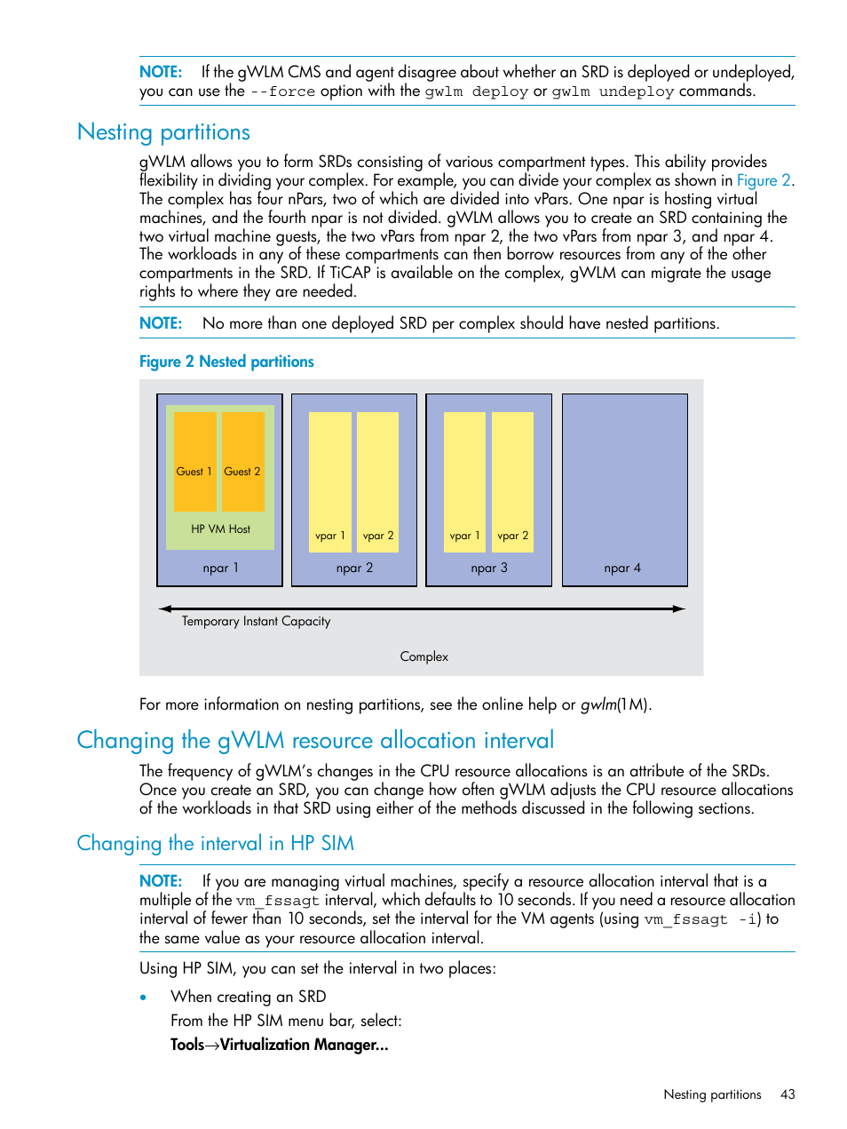Nesting partitions, Changing the gwlm resource allocation interval, Changing the interval in hp sim | HP Matrix Operating Environment Software User Manual | Page 43 / 66