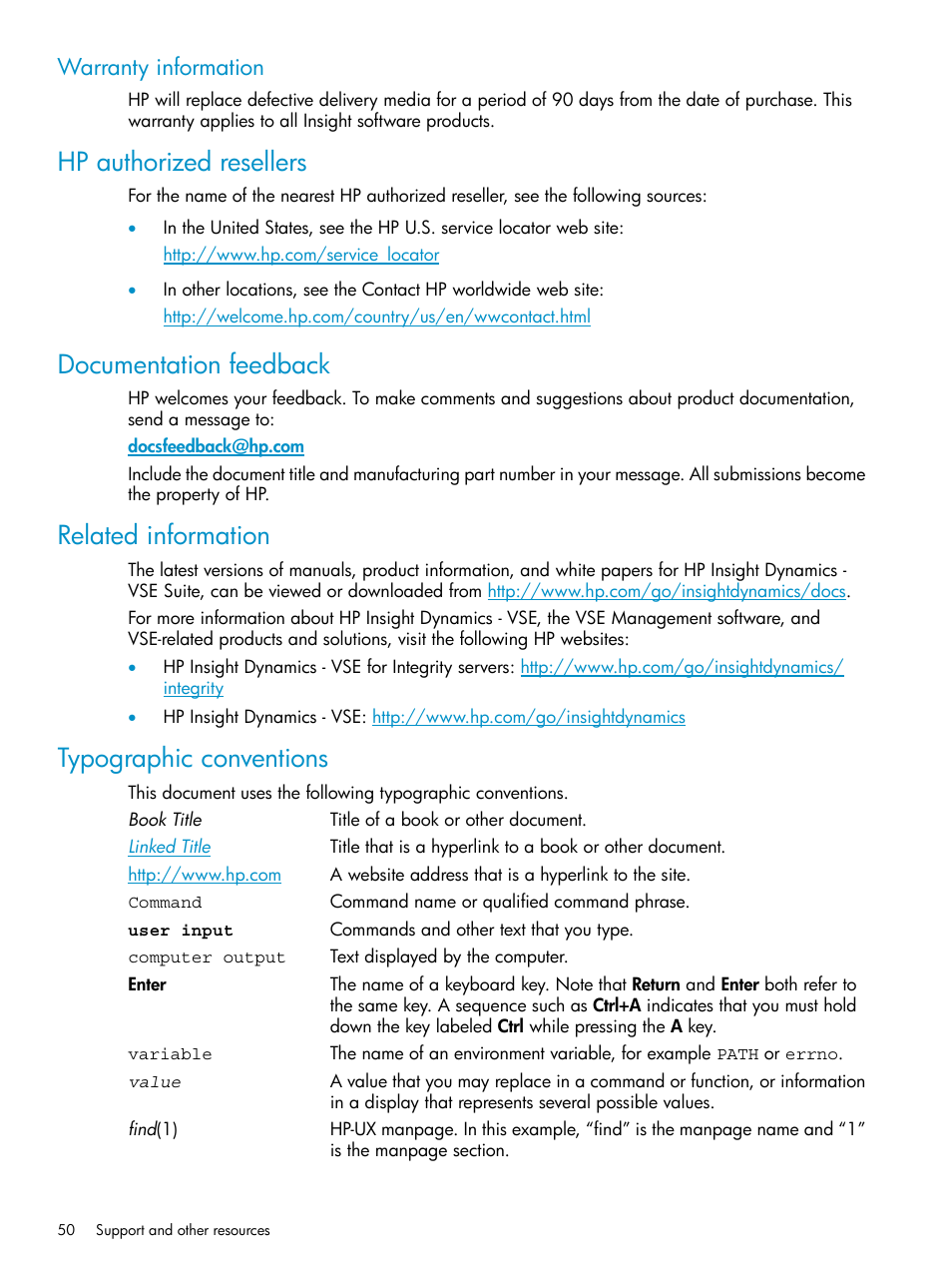 Warranty information, Hp authorized resellers, Documentation feedback | Related information, Typographic conventions | HP Matrix Operating Environment Software User Manual | Page 50 / 66