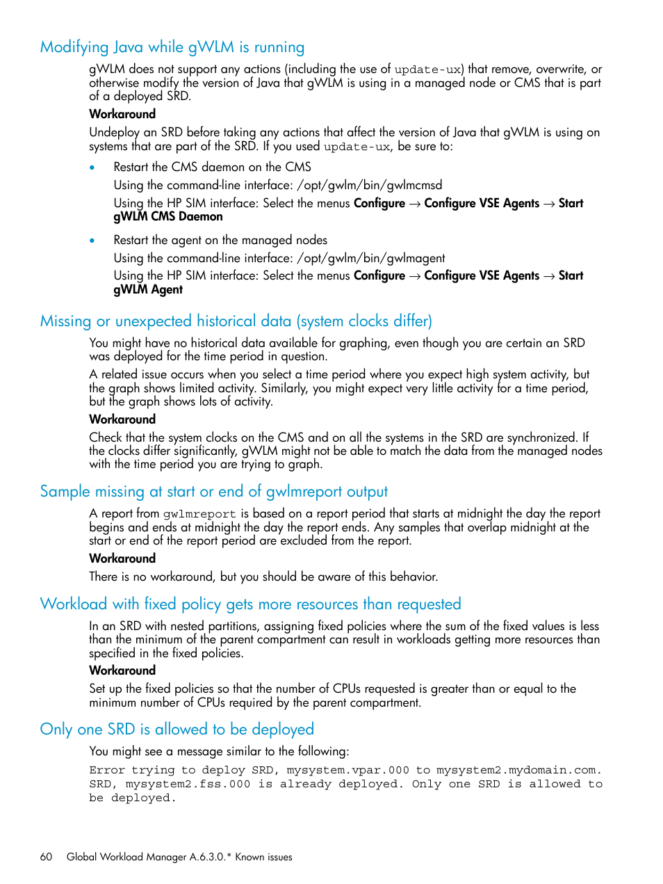 Modifying java while gwlm is running, Only one srd is allowed to be deployed | HP Matrix Operating Environment Software User Manual | Page 60 / 66