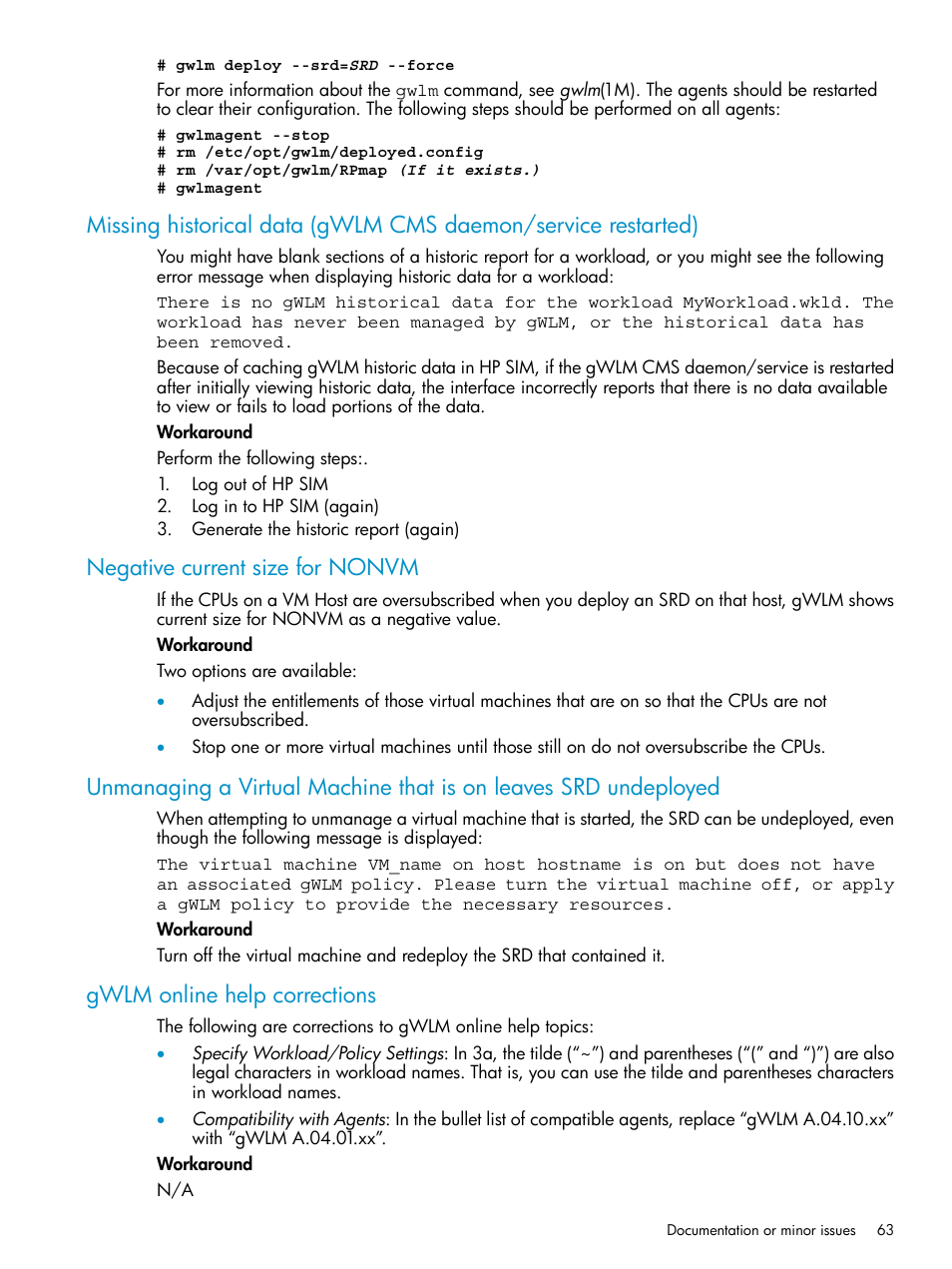 Negative current size for nonvm, Gwlm online help corrections | HP Matrix Operating Environment Software User Manual | Page 63 / 66