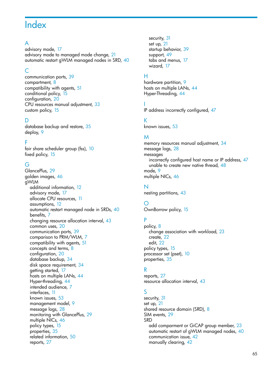 Index | HP Matrix Operating Environment Software User Manual | Page 65 / 66