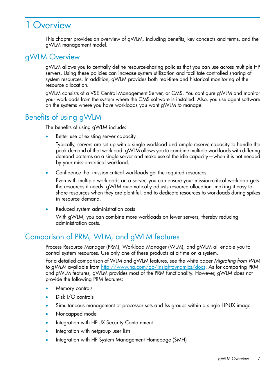 1 overview, Gwlm overview, Benefits of using gwlm | Comparison of prm, wlm, and gwlm features | HP Matrix Operating Environment Software User Manual | Page 7 / 66