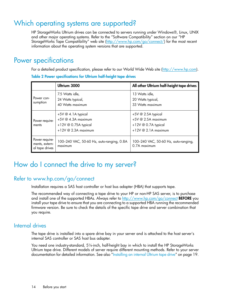 Which operating systems are supported, Power specifications, How do i connect the drive to my server | Refer to www.hp.com/go/connect, Internal drives, 14 power specifications, 14 how do i connect the drive to my server, 14 internal drives | HP StoreEver Ultrium Tape Drives User Manual | Page 14 / 76