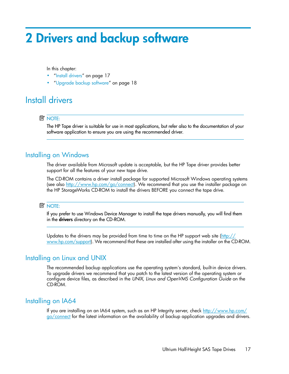 2 drivers and backup software, Install drivers, Installing on windows | Installing on linux and unix, Installing on ia64, 17 installing on linux and unix, 17 installing on ia64 | HP StoreEver Ultrium Tape Drives User Manual | Page 17 / 76