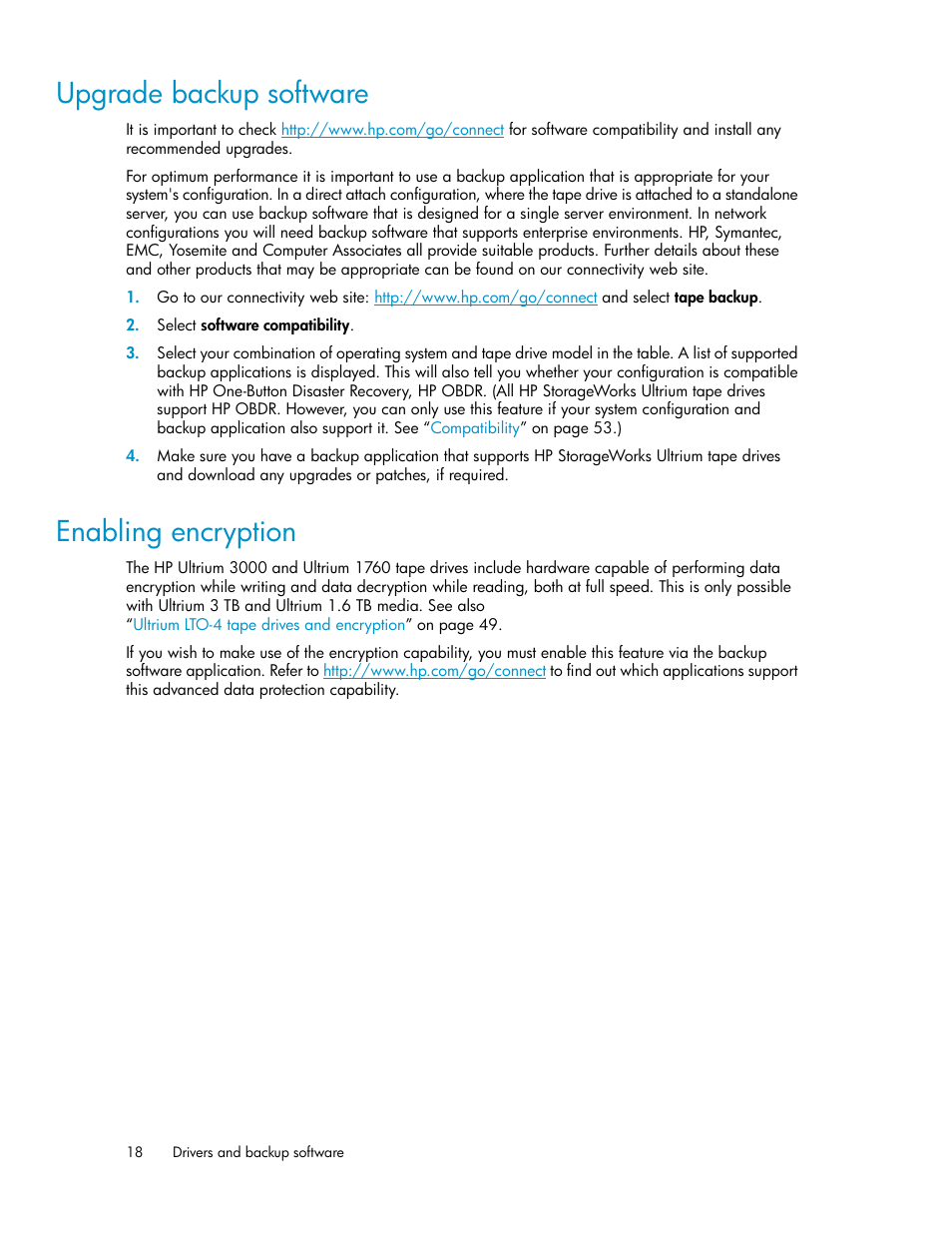 Upgrade backup software, Enabling encryption, 18 enabling encryption | HP StoreEver Ultrium Tape Drives User Manual | Page 18 / 76