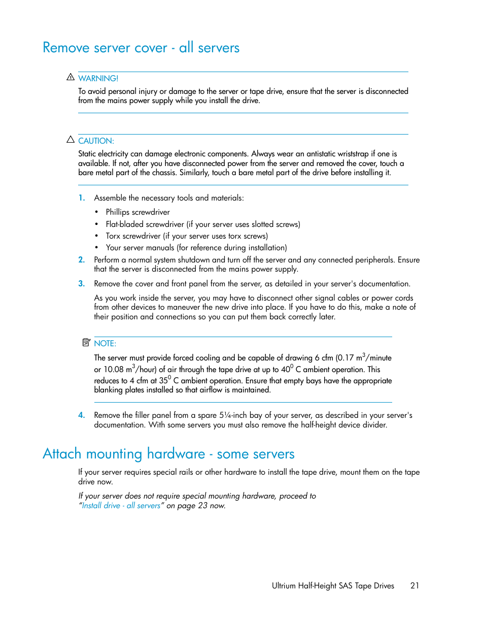 Remove server cover - all servers, Attach mounting hardware - some servers, 21 attach mounting hardware - some servers | HP StoreEver Ultrium Tape Drives User Manual | Page 21 / 76