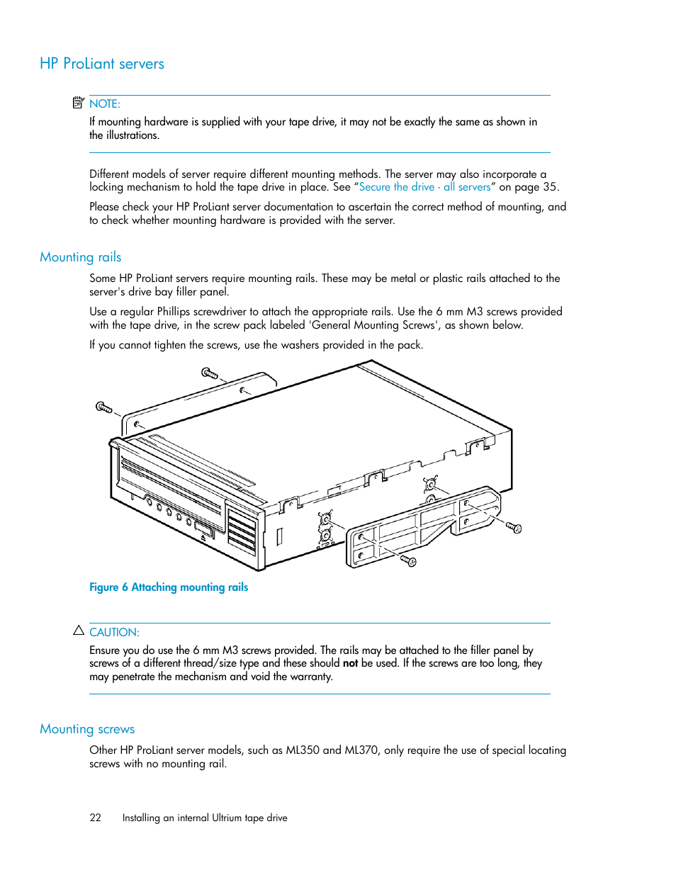 Hp proliant servers, Mounting rails, Mounting screws | 22 mounting screws, Attaching mounting rails | HP StoreEver Ultrium Tape Drives User Manual | Page 22 / 76