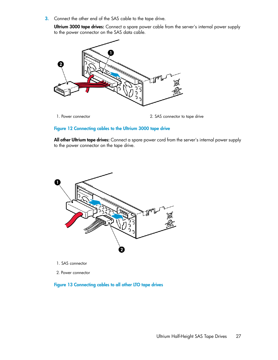 Connecting cables to the ultrium 3000 tape drive, Connecting cables to all other lto tape drives | HP StoreEver Ultrium Tape Drives User Manual | Page 27 / 76