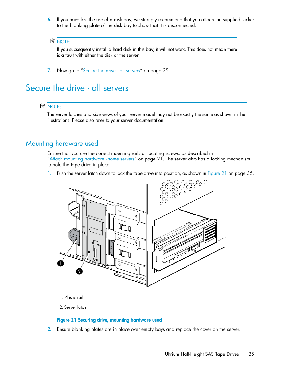 Secure the drive - all servers, Mounting hardware used, Securing drive, mounting hardware used | HP StoreEver Ultrium Tape Drives User Manual | Page 35 / 76