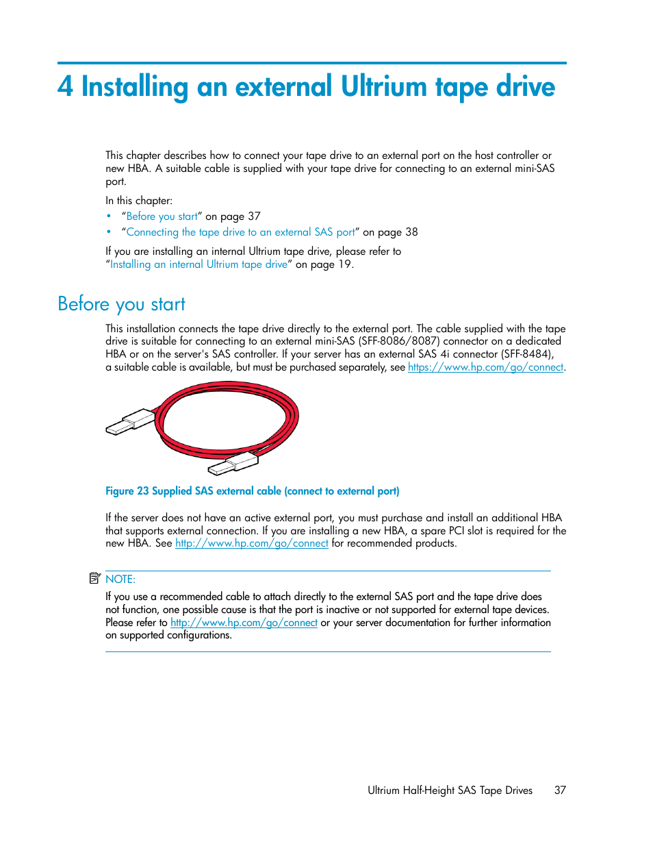 4 installing an external ultrium tape drive, Before you start, Installing an external ultrium tape drive | HP StoreEver Ultrium Tape Drives User Manual | Page 37 / 76