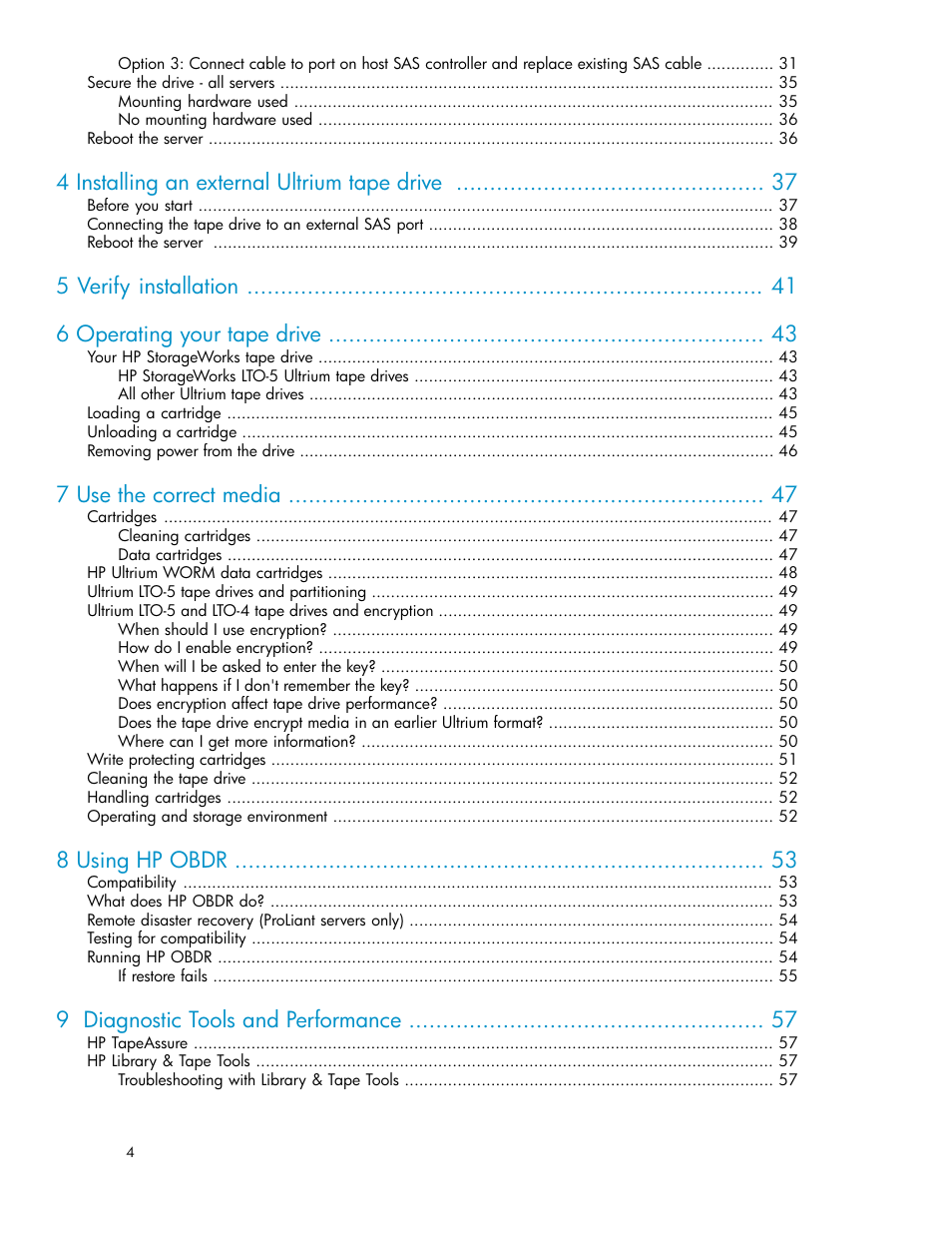 4 installing an external ultrium tape drive, 5 verify installation 6 operating your tape drive, 7 use the correct media | 8 using hp obdr, 9 diagnostic tools and performance | HP StoreEver Ultrium Tape Drives User Manual | Page 4 / 76