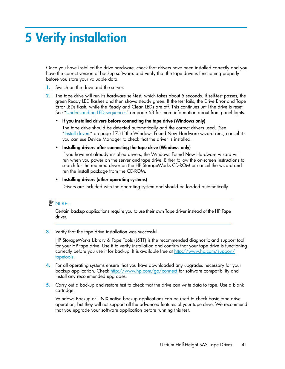 5 verify installation | HP StoreEver Ultrium Tape Drives User Manual | Page 41 / 76