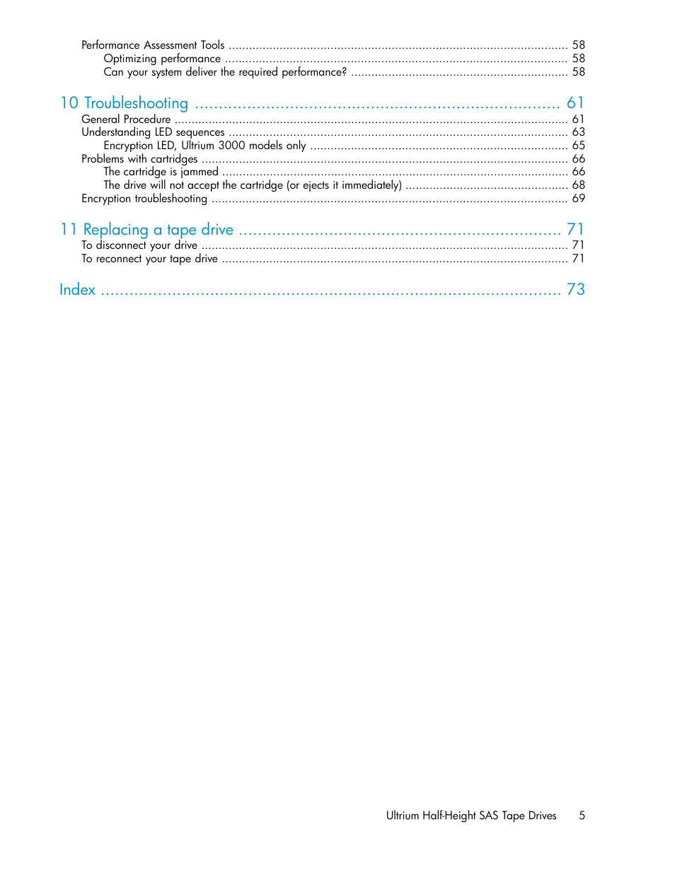 10 troubleshooting, 11 replacing a tape drive, Index | HP StoreEver Ultrium Tape Drives User Manual | Page 5 / 76
