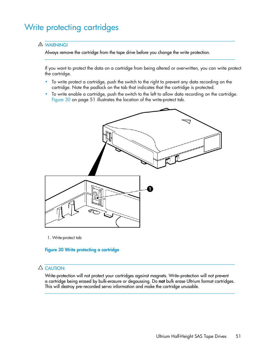 Write protecting cartridges, Write protecting a cartridge | HP StoreEver Ultrium Tape Drives User Manual | Page 51 / 76