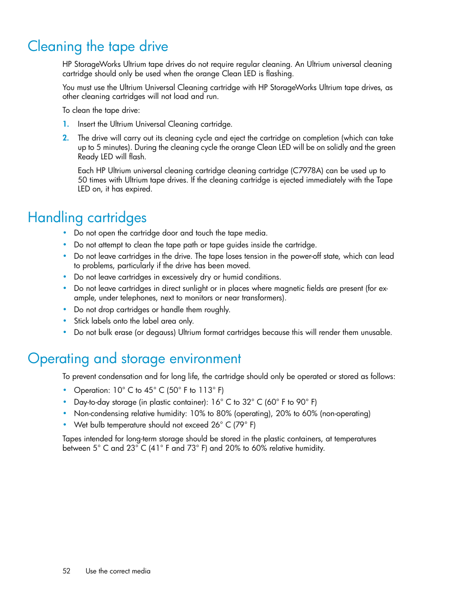 Cleaning the tape drive, Handling cartridges, Operating and storage environment | 52 handling cartridges, 52 operating and storage environment | HP StoreEver Ultrium Tape Drives User Manual | Page 52 / 76