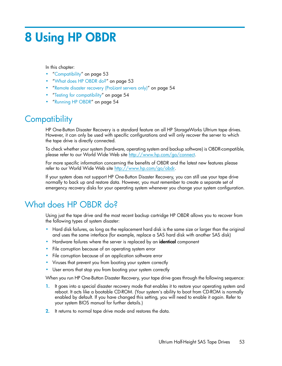 8 using hp obdr, Compatibility, What does hp obdr do | 53 what does hp obdr do | HP StoreEver Ultrium Tape Drives User Manual | Page 53 / 76