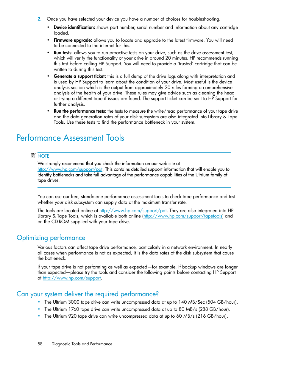 Performance assessment tools, Optimizing performance, Can your system deliver the required performance | HP StoreEver Ultrium Tape Drives User Manual | Page 58 / 76