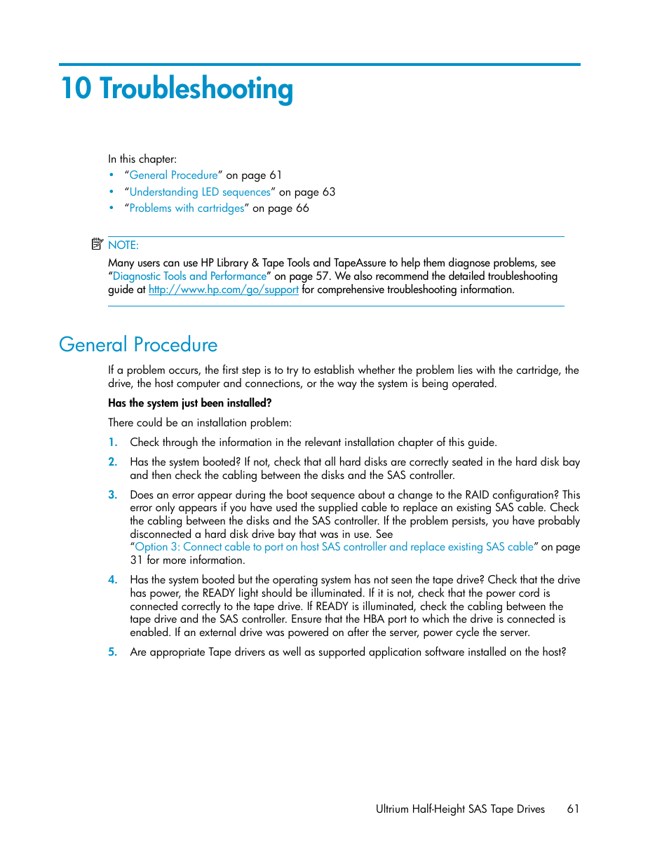 10 troubleshooting, General procedure, Troubleshooting | HP StoreEver Ultrium Tape Drives User Manual | Page 61 / 76