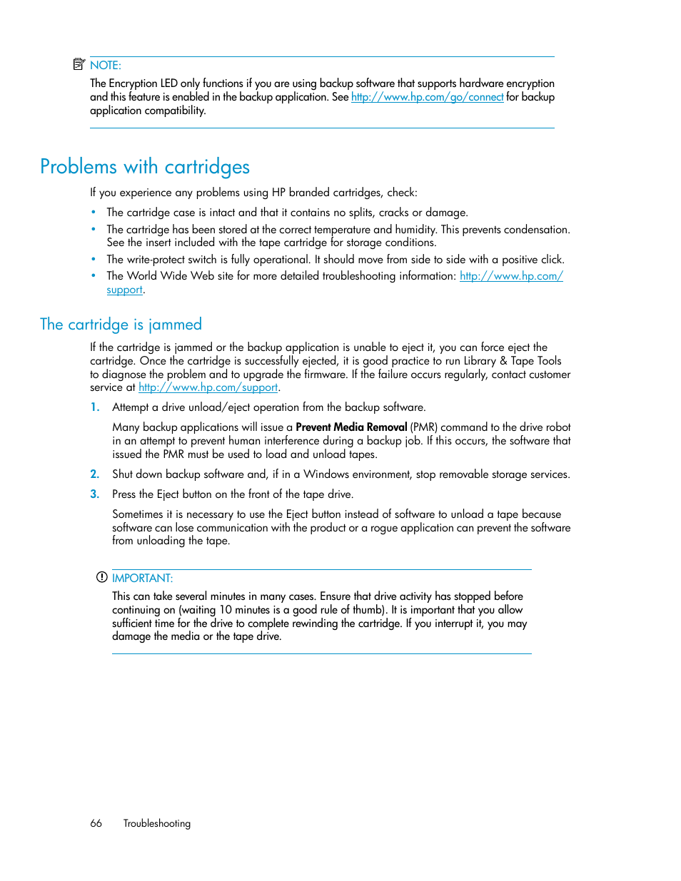 Problems with cartridges, The cartridge is jammed | HP StoreEver Ultrium Tape Drives User Manual | Page 66 / 76