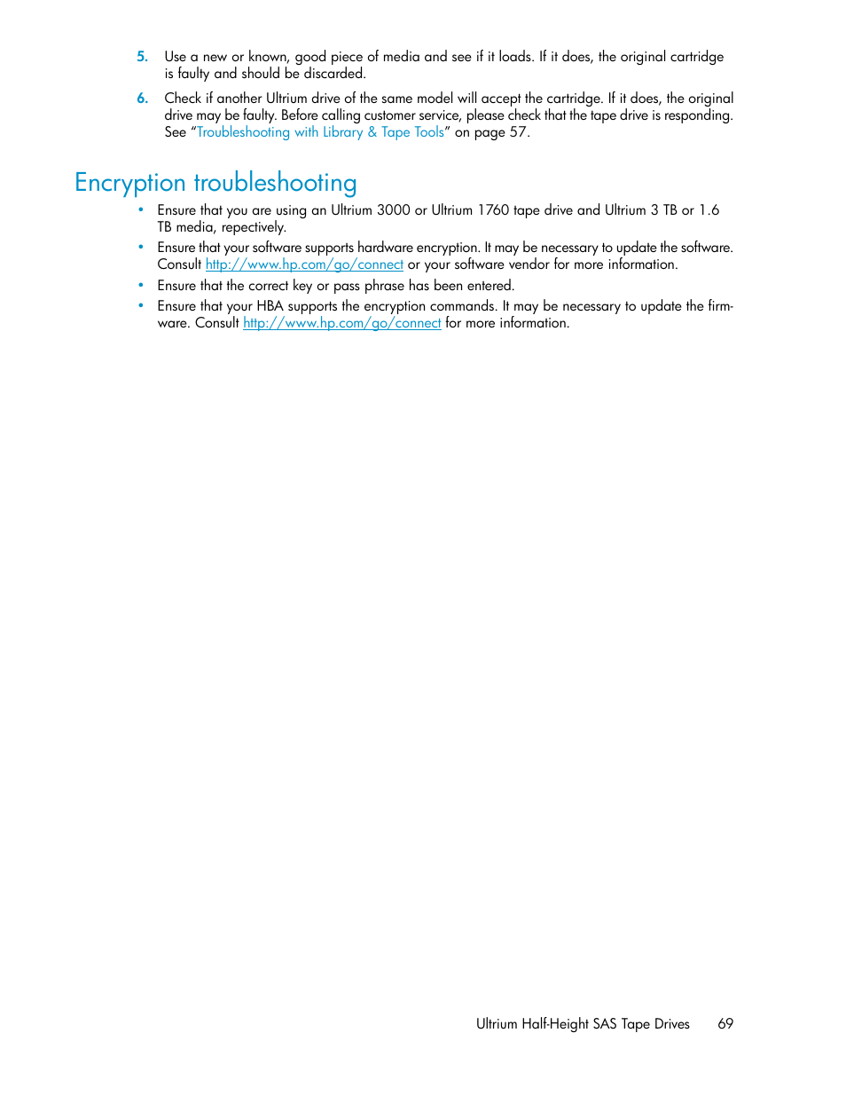Encryption troubleshooting, Encryption, Troubleshooting | HP StoreEver Ultrium Tape Drives User Manual | Page 69 / 76