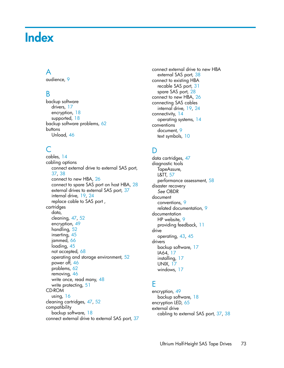 Index | HP StoreEver Ultrium Tape Drives User Manual | Page 73 / 76