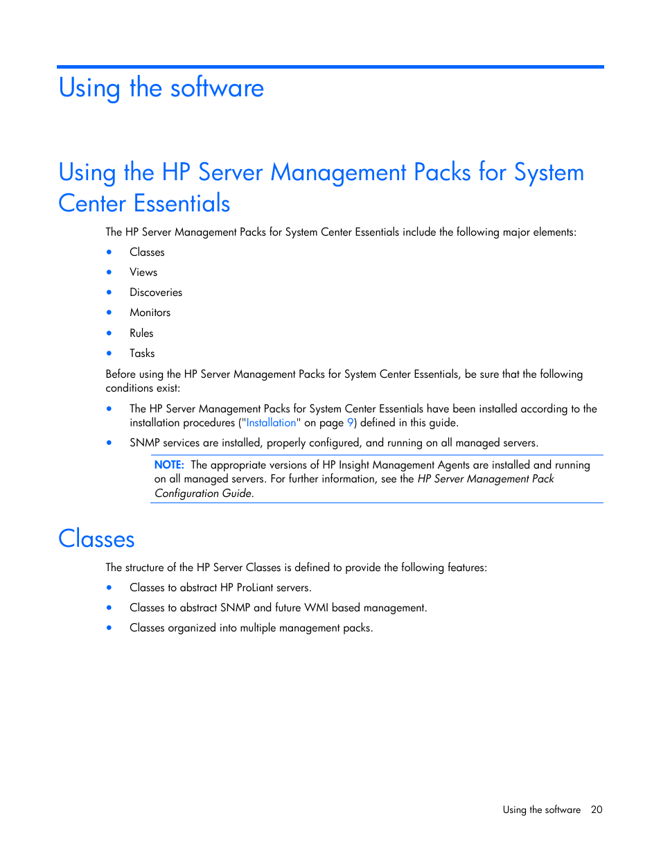 Using the software, Classes | HP Server Management Packs for Microsoft System Center Essentials User Manual | Page 20 / 86