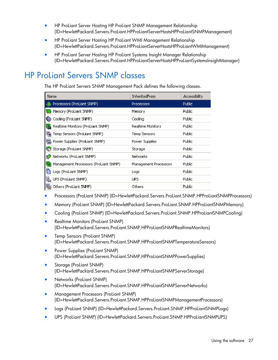 Hp proliant servers snmp classes | HP Server Management Packs for Microsoft System Center Essentials User Manual | Page 27 / 86