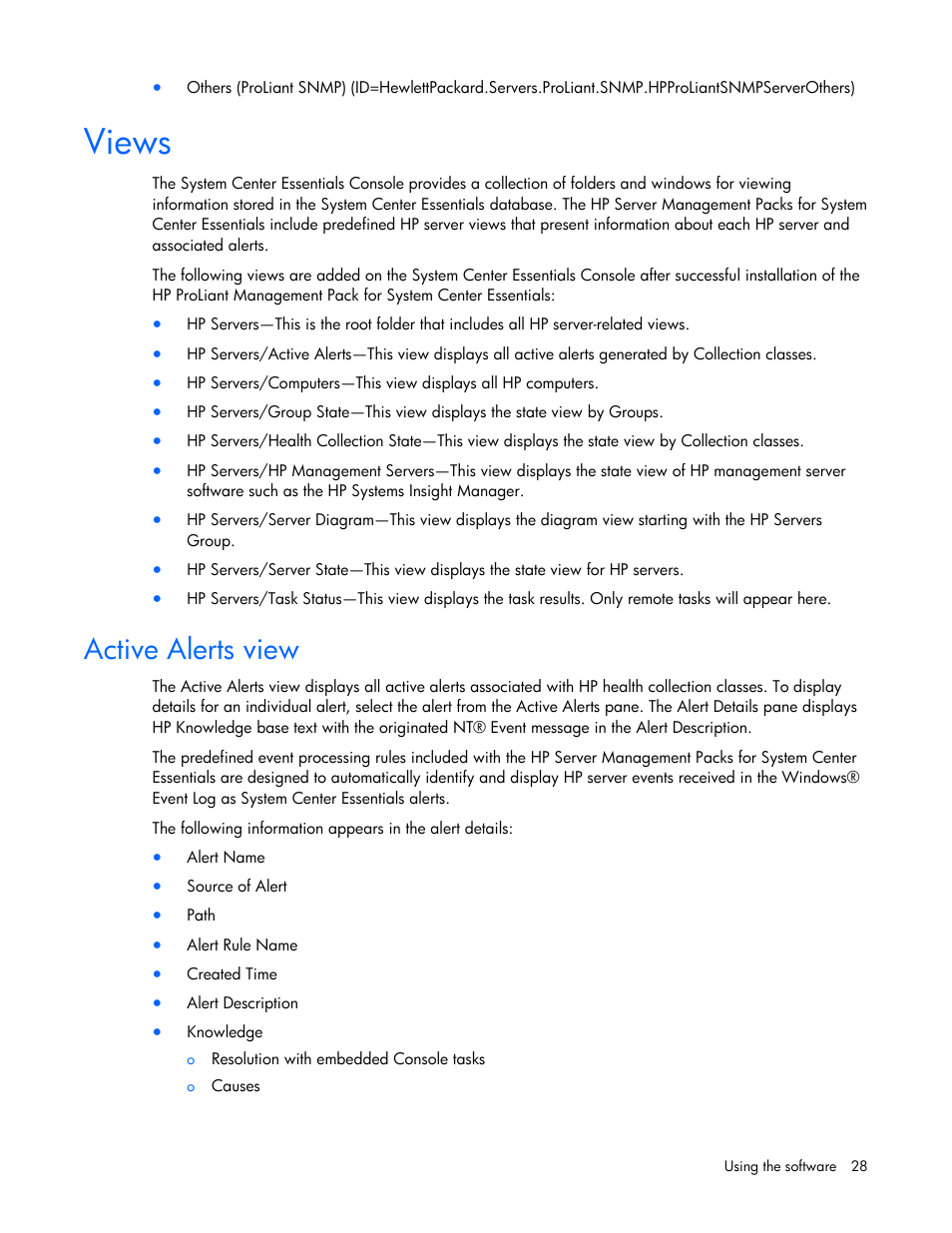 Views, Active alerts view | HP Server Management Packs for Microsoft System Center Essentials User Manual | Page 28 / 86