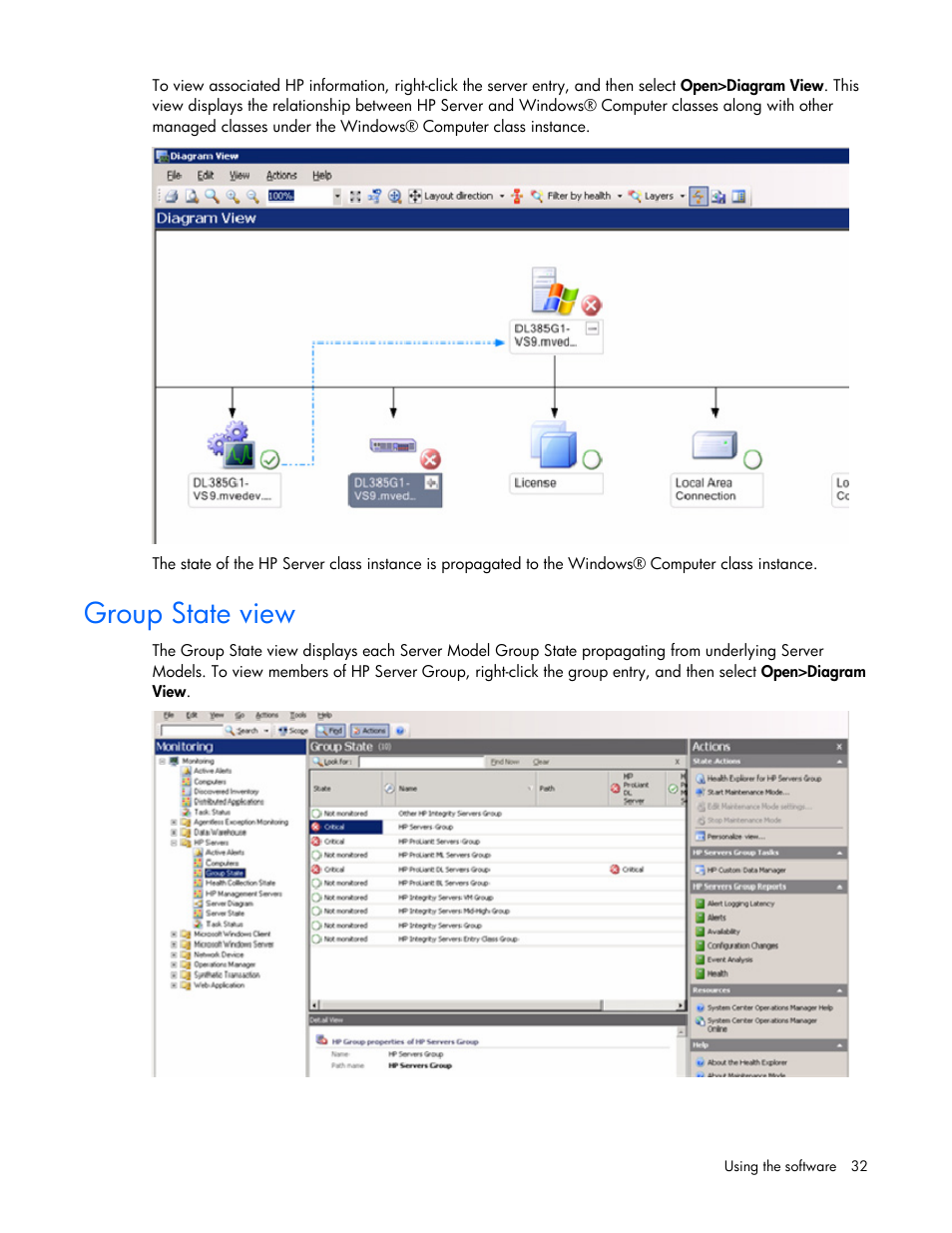 Group state view | HP Server Management Packs for Microsoft System Center Essentials User Manual | Page 32 / 86