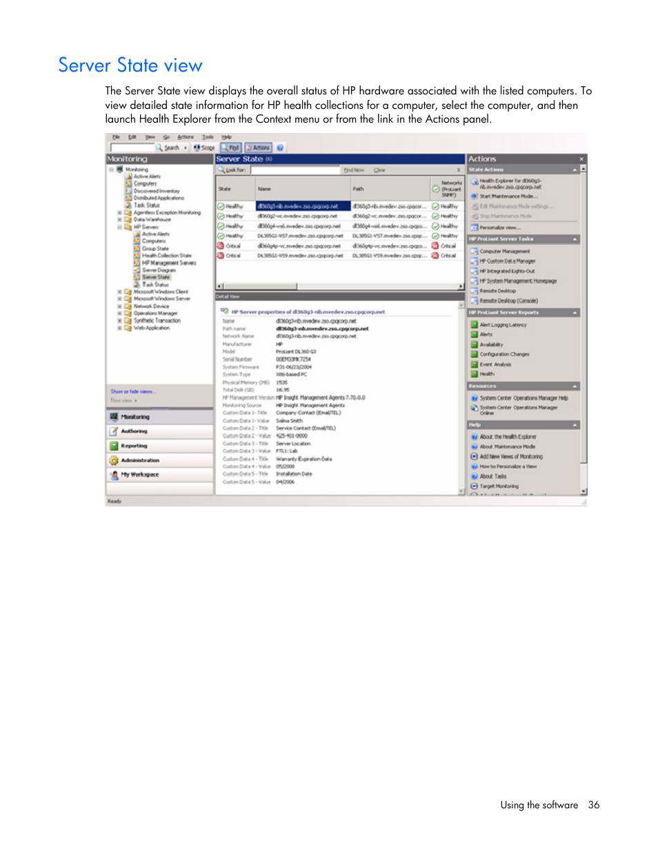 Server state view | HP Server Management Packs for Microsoft System Center Essentials User Manual | Page 36 / 86