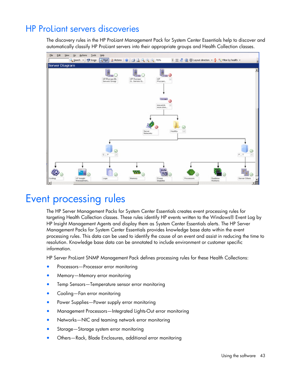 Hp proliant servers discoveries, Event processing rules | HP Server Management Packs for Microsoft System Center Essentials User Manual | Page 43 / 86