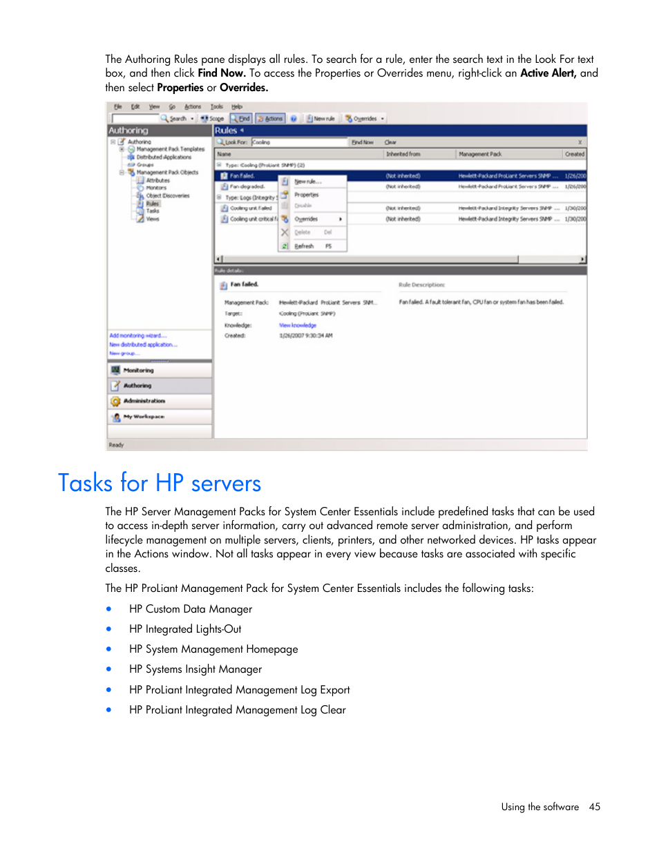 Tasks for hp servers | HP Server Management Packs for Microsoft System Center Essentials User Manual | Page 45 / 86