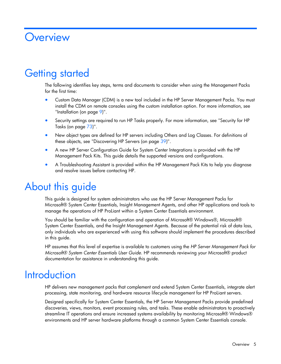 Overview, Getting started, About this guide | Introduction | HP Server Management Packs for Microsoft System Center Essentials User Manual | Page 5 / 86