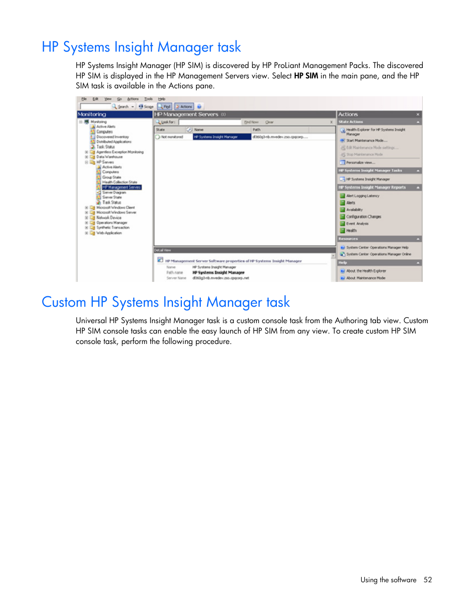 Hp systems insight manager task, Custom hp systems insight manager task | HP Server Management Packs for Microsoft System Center Essentials User Manual | Page 52 / 86