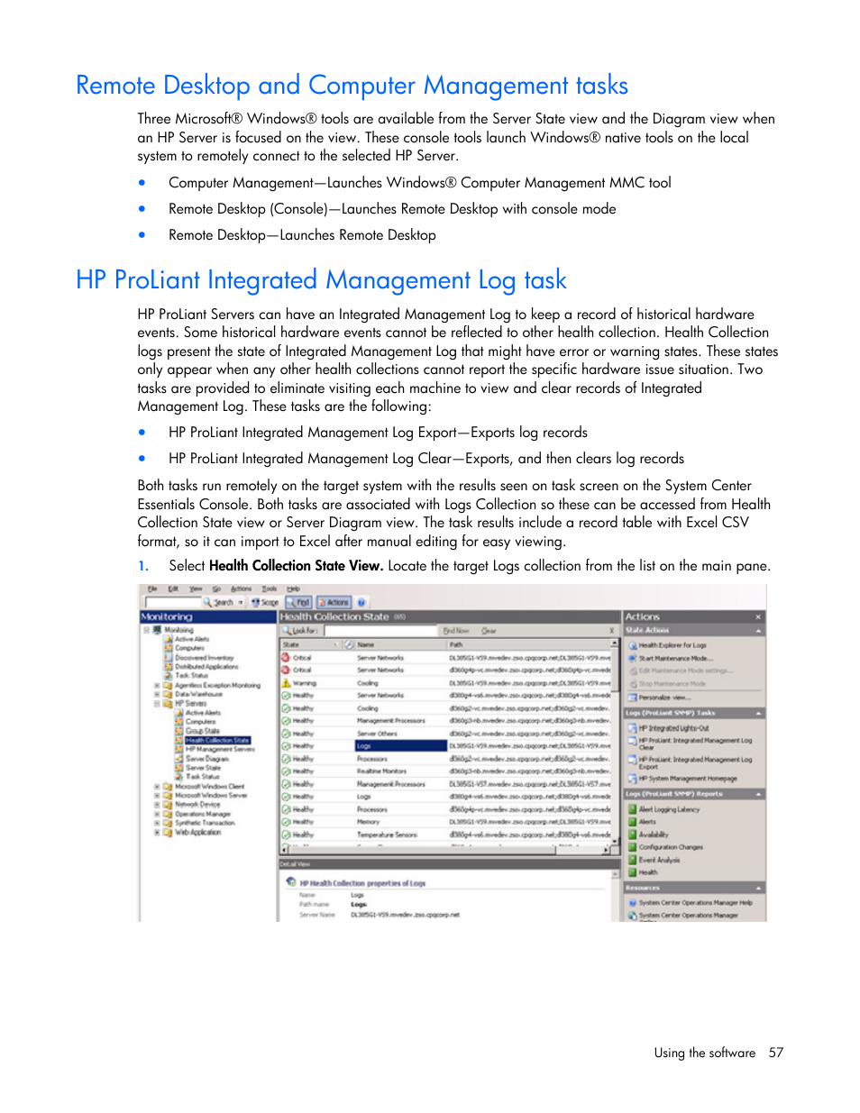 Remote desktop and computer management tasks, Hp proliant integrated management log task | HP Server Management Packs for Microsoft System Center Essentials User Manual | Page 57 / 86