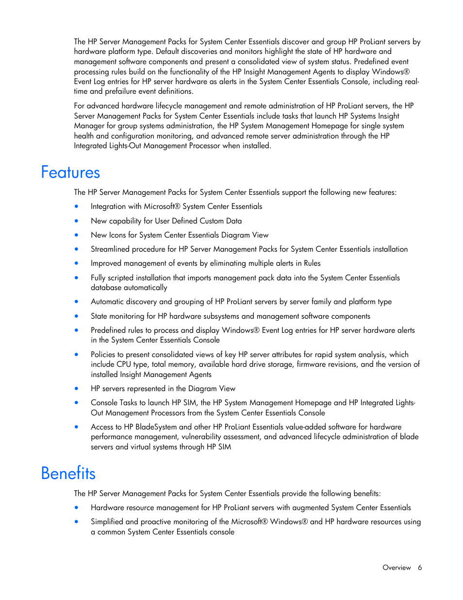 Features, Benefits | HP Server Management Packs for Microsoft System Center Essentials User Manual | Page 6 / 86