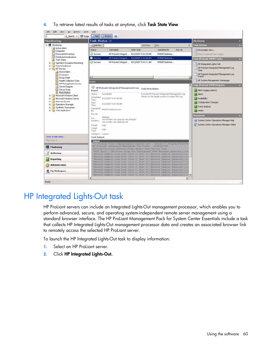 Hp integrated lights-out task | HP Server Management Packs for Microsoft System Center Essentials User Manual | Page 60 / 86